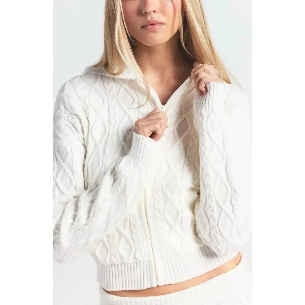 RARE SKIMS Ivory Cable Knit Shrunken Zip Up Hoodie